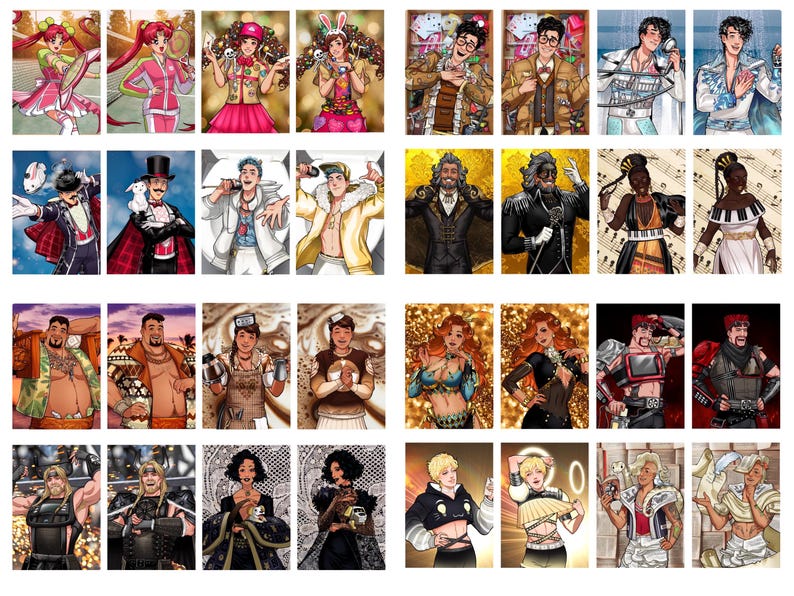 Pode incluir: Uma cole&ccedil;&atilde;o de retratos de arte digital, cada um retratando um personagem &uacute;nico em v&aacute;rios trajes e estilos. Os retratos mostram uma ampla gama de temas, incluindo fantasia, cosplay e moda hist&oacute;rica, com cores vibrantes e designs detalhados.