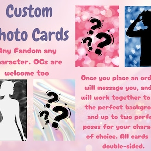 Può includere: Immagine di biglietti fotografici personalizzati con testo. L'immagine include sagome, punti interrogativi e il testo "Any Fandom any Character. OCs are welcome too." Le carte sono a doppia faccia.