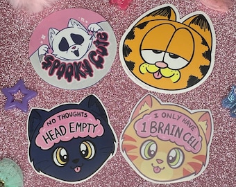 Cat vinyl Stickers and buttons - gift for cat lovers - spooky cute, Garfield, orange cat, black cat, head empty, funny sticker,kawaii