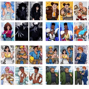 Pode incluir: Uma grade de ilustra&ccedil;&otilde;es digitais coloridas com v&aacute;rios personagens. Os personagens s&atilde;o diversos, incluindo pessoas com trajes de fantasia, trabalhadores da constru&ccedil;&atilde;o civil e indiv&iacute;duos com roupas elegantes. A obra de arte mostra uma variedade de estilos e temas.