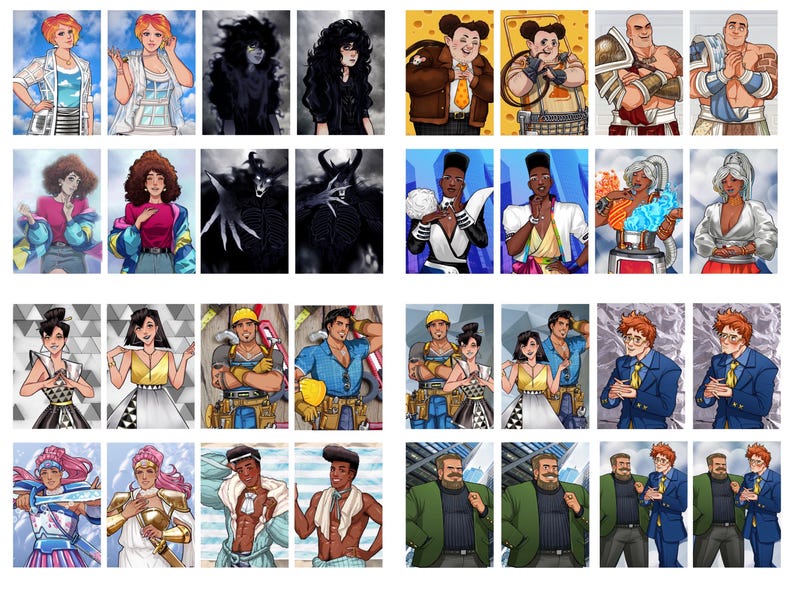 Pode incluir: Uma grade de ilustra&ccedil;&otilde;es digitais coloridas com v&aacute;rios personagens. Os personagens s&atilde;o diversos, incluindo pessoas com trajes de fantasia, trabalhadores da constru&ccedil;&atilde;o civil e indiv&iacute;duos com roupas elegantes. A obra de arte mostra uma variedade de estilos e temas.