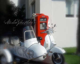 PHOTO White Vespa scooter, Red gas pump, art deco white scooter, red fuel pump photo, Carporn, gearhead art | South Beach, Miami Florida