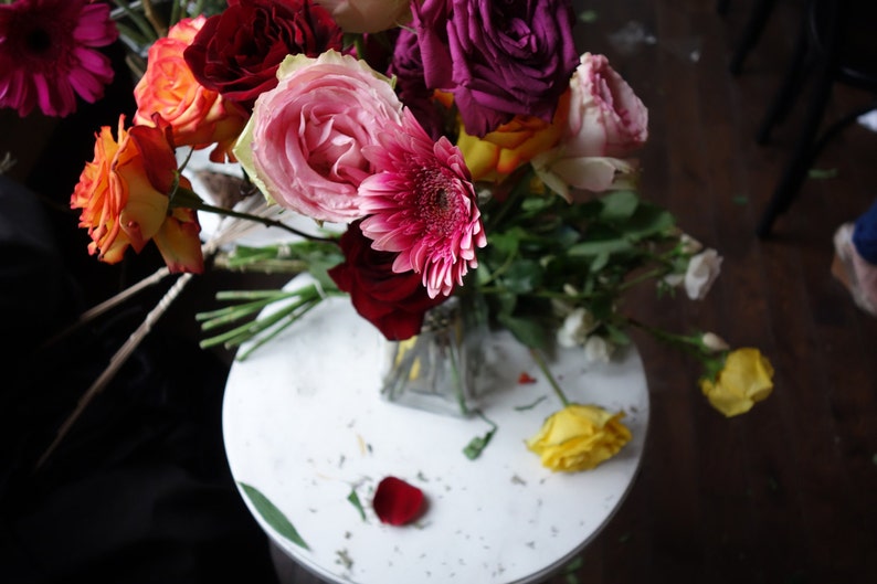 flower bouquet photo, pink flowers, red daisies, roses, botanical photo, pink floral art, pink home decor, pink floral art, magenta decor image 1