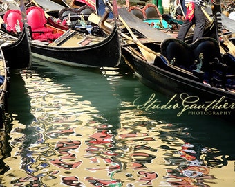 Venice gondola, Venezia Canal Italian Fine Art Photo, Venice Home decor, green water reflection, green and gold, yellow home decor