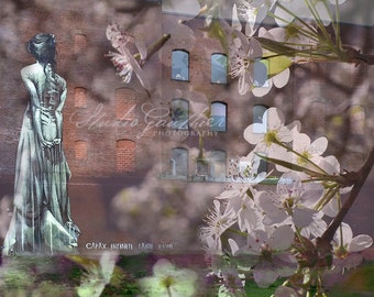 Downtown Portland OR, Modern art, Mural, brick wall photo, Capax Infiniti by Faith47, Faith XLVII, Cherry blossoms, sexy woman in goth dress