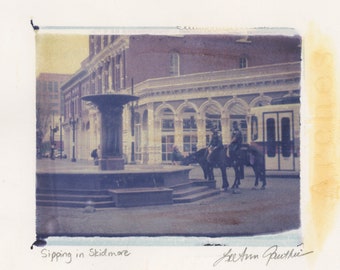 Polaroid transfer COPY: Sipping in Skidmore Fountain Portland OR, Mounted police cops Polizio | horses vintage photo history | antique image