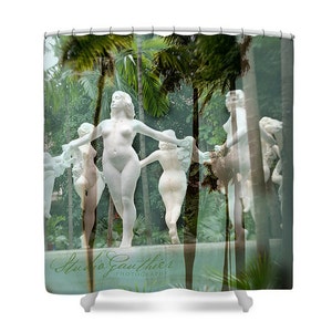 Tropical shower curtain, Havana Cuba art TEAL decor, La Habana, Erotica, artist LeeAnn Gauthier, Rubenesque Nude woman, teal shower curtain image 1