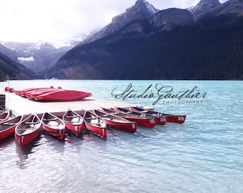 Lake Louise Canada | Nature PHOTO | red canoes at Lago Louise, Canadian Rockies | Snow-capped mountain and lake | turquoise home decor