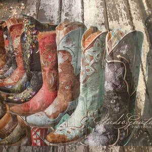 May include: A row of intricately embroidered cowboy boots in various colors, including brown, red, blue, and black, with floral and butterfly designs. The boots are arranged on a weathered wooden surface with the text "Studio Gauthier Photography" at the bottom.