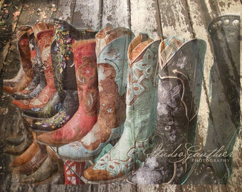 Cowboy boots w wood | PHOTO of cowgirl boots | country western art | Southwestern art Texas | red cowgirl boots | teal boots