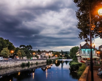 8x12 Photo Scenic Figeac France  @Studio.Gauthier, Navy Blue Home decor, Stormy sky, travel photo, Riverscape at dusk, pastoral gray sky