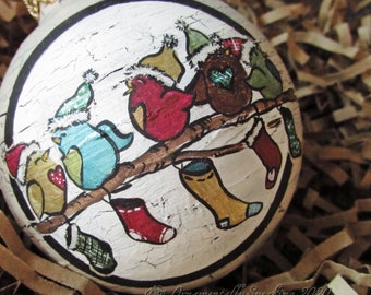 Whimsical Winter Bird Traditional Hand Painted Snow bird  red or Vintage look Christmas Ornament 2 5/8" size