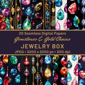 May include: 20 seamless digital papers featuring colourful gemstones and gold chains. The papers are 3200 x 3200 pixels and 300 dpi.