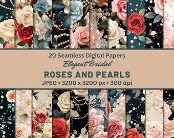 Puede incluir: Un conjunto de 20 papeles digitales con patrones sin costuras de rosas y perlas. Los patrones son en tonos de rosa, rojo, blanco y negro, con una estética vintage. Los papeles son de 3200 x 3200 píxeles y 300 dpi.