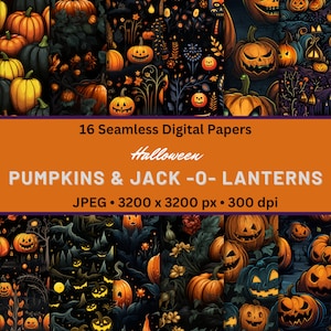 PUMPKINS & JACK-O-LANTERNS Halloween Digital Papers Seamless Digital Pattern for Scrapbook Paper, Seamless Pattern Printable Backgrounds