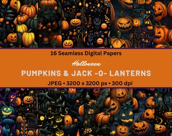 PUMPKINS & JACK-O-LANTERNS Halloween Digital Papers Seamless Digital Pattern for Scrapbook Paper, Seamless Pattern Printable Backgrounds