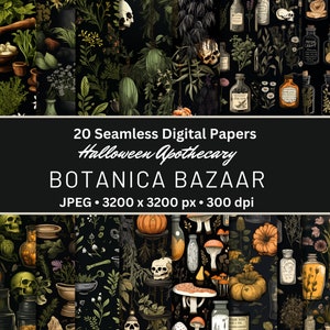 Puede incluir: 20 papeles digitales sin costuras con un tema de botica de Halloween. Los papeles presentan un fondo negro con ilustraciones de calaveras, hierbas, pociones y calabazas. El texto "Halloween Apothecary" y "BOTANICA BAZAAR" se muestra en una fuente estilizada.