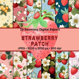 Puede incluir: Un conjunto de 16 papeles digitales con un patrón sin costuras de fresas rojas, hojas verdes y flores blancas. Los papeles son de 3200 x 3200 píxeles y 300 ppp.