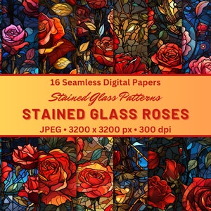 STAINEDGLASS ROSES Stained Glass Floral Patterns Digital Papers Seamless Pattern Scrapbook Paper, Seamless Stationary Printable Backgrounds