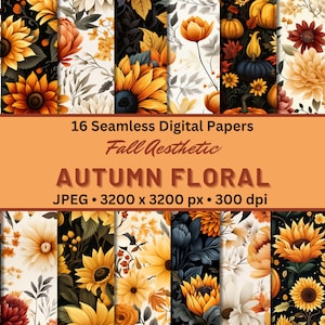 AUTUMN FLORAL Fall Aesthetic Patterns Digital Papers Seamless Digital Pattern for Scrapbook Paper, Seamless Pattern Printable Backgrounds