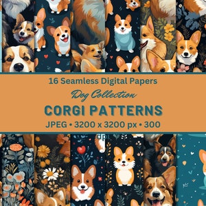 May include: A set of 16 digital papers featuring adorable corgi dog illustrations in various poses and patterns. The papers are seamless and perfect for crafting projects, scrapbooking, and digital design. Each paper is 3200 x 3200 pixels and 300 DPI.
