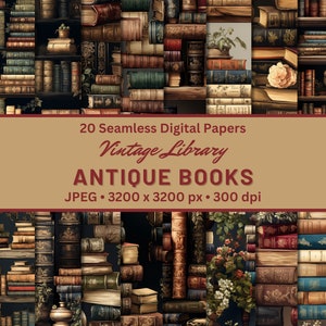 VINTAGE LIBRARY Antique Books Digital Papers Seamless Digital Pattern for Scrapbook Paper, Stationary, Pattern Printable Backgrounds