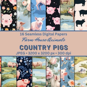 COUNTRY PIGS Farm House Animals Digital Papers Seamless Digital Pattern for Scrapbook Paper, Seamless Pattern Printable Backgrounds
