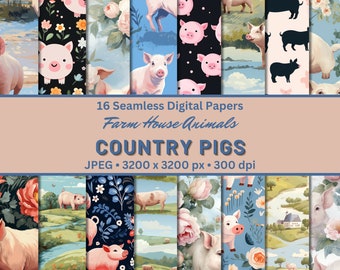 COUNTRY PIGS Farm House Animals Digital Papers Seamless Digital Pattern for Scrapbook Paper, Seamless Pattern Printable Backgrounds