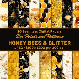 Può includere: 20 carte digitali senza cuciture con api, favi e glitter. Le carte sono senza cuciture e sono disponibili in una varietà di colori, tra cui oro, nero e bianco. Le carte sono perfette per creare pagine di album di ritagli, biglietti, inviti e altri progetti di artigianato.