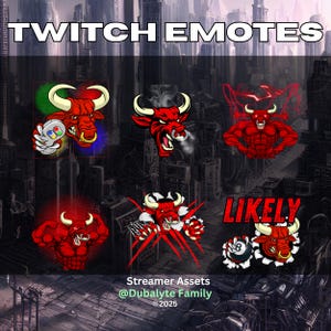 Könnte beinhalten: Grafik mit Twitch-Emotes eines roten Bullen mit verschiedenen Ausdrücken. Die Emotes zeigen einen Bullen mit Controller, rauchend, posierend und aus einer Wand brechend. Der Text lautet "TWITCH EMOTES" und "LIKELY".
