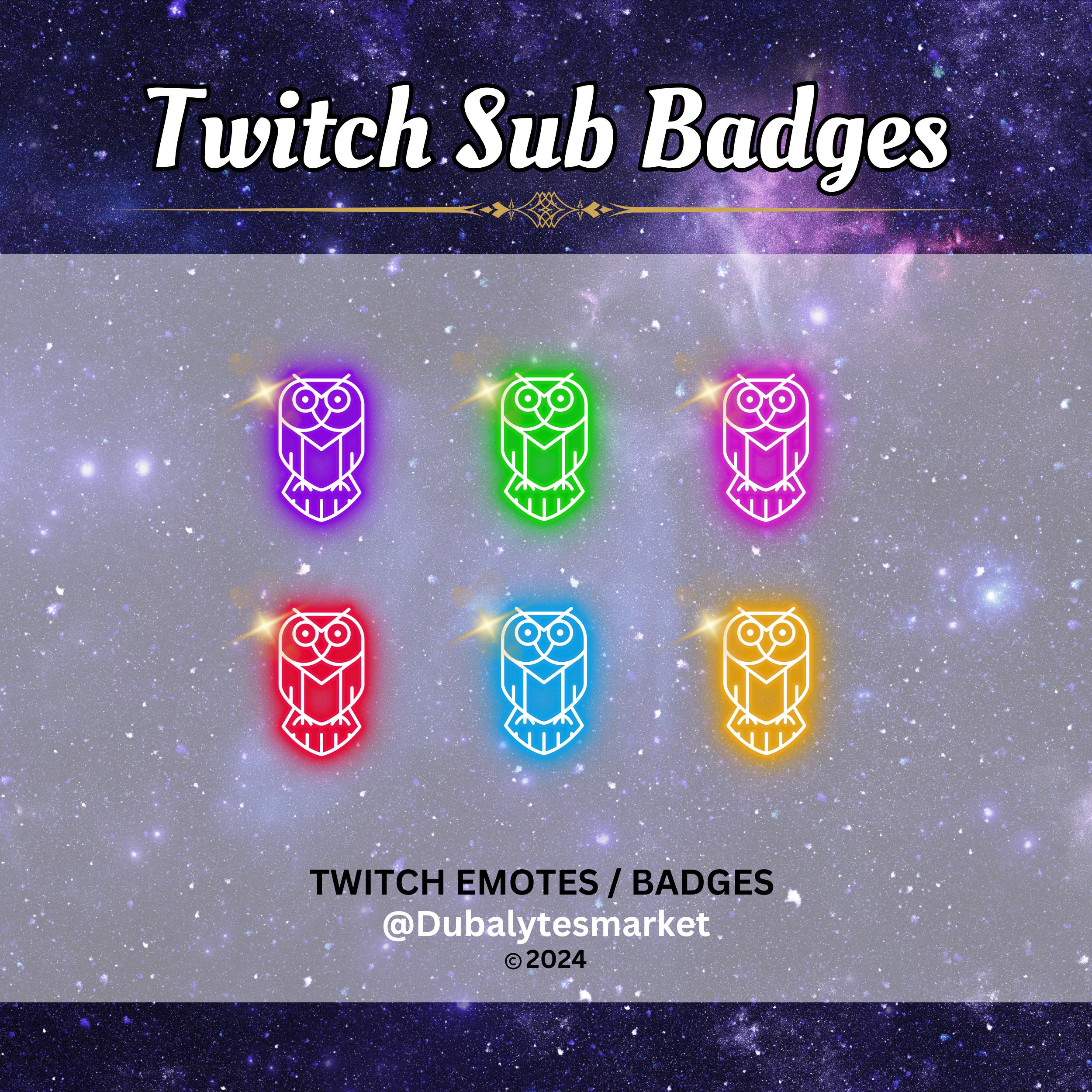 Bright and Fun Neon Owl Sub Badges for Twitch - Pack of 6