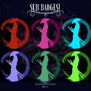 May include: Six vibrant circular badges showcasing a figure with a hat and swords. Each badge is a different colour: red, pink, blue, purple, green, and light green. The text "SUB BADGES!" is displayed at the top of the image.