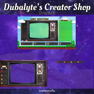 May include: Digital overlays for streaming, featuring a retro TV design. The overlays include a green screen TV, chat box, and animated elements. The text "Dubalyte's Creator Shop" and "Overlays" are displayed at the top. The text "Just Chatting" is also visible.