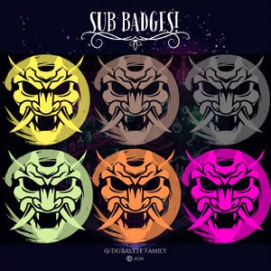 Może przedstawiać: Grafika przedstawiająca sześć okrągłych odznak subskrypcji z japońskim wzorem maski demona. Maski są w kolorach żółtym, brązowym, szarym, zielonym, pomarańczowym i różowym, każda na pasującym kolorystycznie okręgu. U góry znajduje się napis "SUB BADGES!".