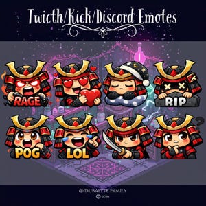 Może przedstawiać: Zbiór ośmiu emotikonów samurajów z kreskówek z różnymi wyrazami twarzy i tekstem, w tym "RAGE", "POG" i "LOL". Emotikony są w kolorach czerwonym, czarnym i złotym, z pikselowanym tłem i tekstem "Twitch/Kick/Discord Emotes" u góry.
