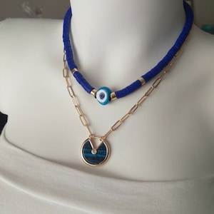 Dark Blue Fimo Necklace, Chunky Chain Necklace, Evileye Jewelry, Dark Blue Pendant, Woman Accessories, Gift For Holiday, For Her