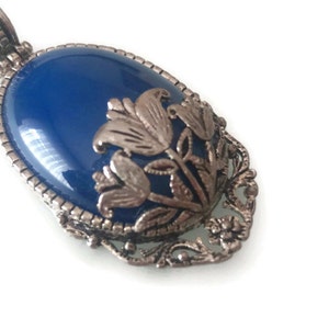 Cyber Week, Saxe Blue Lapis Pendant, Natural Stone Necklace, Dark Blue Gemstone Pendant, Tulip Silver Plated Filigree Necklace, For Holiday