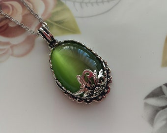 Green Agate Pendant Necklace: Victorian Filigree, Antiqued Silver