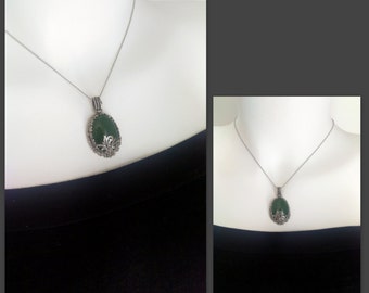 Green Agate Necklace, Natural Stone Necklace, Green Agate Jewelry, Green Gemstone Pendant, Silver Plated Filigree, For Her, Christmas Gift