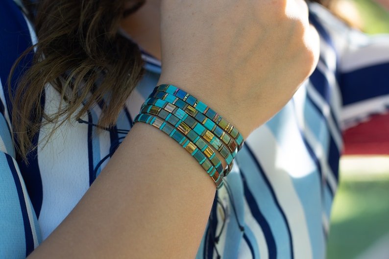 Colorful Glass Tile Beaded Bracelet, Tila Tile Bracelet, Miyuki Bracelet, Adjustable Tila