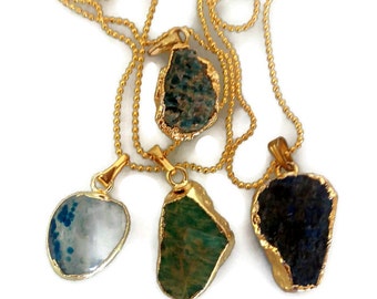 Variscite Slice Necklace: Gold Electroplated Gemstone Pendant
