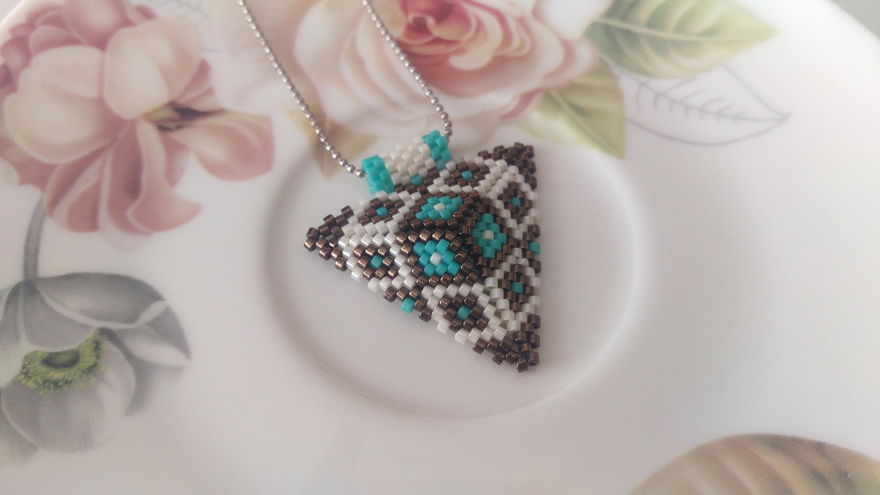 Turquoise Triangle Miyuki Necklace, Turquoise and Brown Beadwork Necklace, Wedding Pendant, Miyuki Jewelry, Mother's Day Gift- For Her