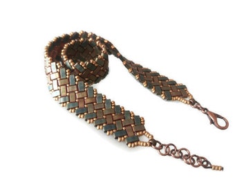 Handmade Tila Beaded Bracelet: Antique Green & Khaki Beadwork