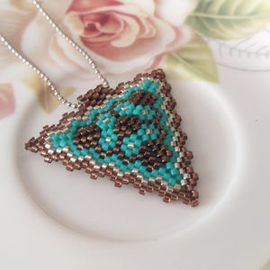 Turquoise Triangle Beadwork Necklace, Turquoise and Brown Beadwork Necklace, Wedding Pendant, Beadwork Jewelry, Mother&#39;s Day Gift- For Her