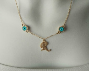 Personalized Initial Necklace: Gold Evileye Charm, Letter Pendant
