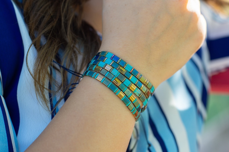 Colorful Glass Tile Beaded Bracelet, Tila Tile Bracelet, Miyuki Bracelet, Adjustable Tila