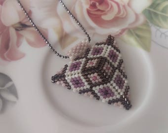 Purple Triangle Beadwork Necklace, Purple and Pink Beadwork Necklace, Wedding Pendant, Beadwork Jewelry, Mother's Day Gift- For Her