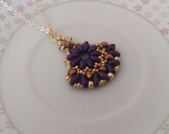 Purple Beaded Pendant Necklace: Gold Beadwork, Handmade Jewelry