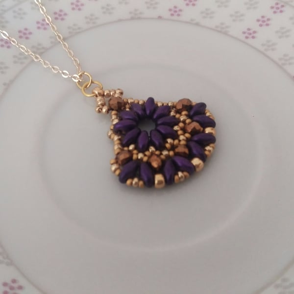 Purple Beaded Necklace, Purple Pendant, Beaded Pendant, Süper Duo Necklace, Süper Duo Jewelry, Gold Beadwork Necklace, Holiday Gift, For Her