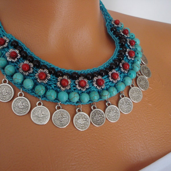 Turquoise Crochet Necklace, Spring-Summer Necklace, Holiday Gift, Turkish Authentic Necklace, Spring Celebration Jewelry,  Natural Stone